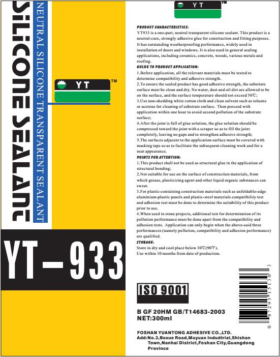 YT-933 Silicone Netural Transparent Sealant